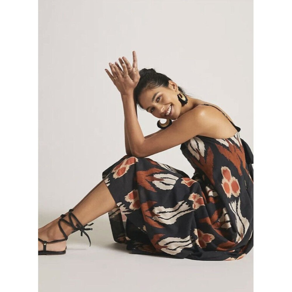 Anthropologie Boho Nikki Printed Chiffon Maxi Dress Floral Black Motif Medium